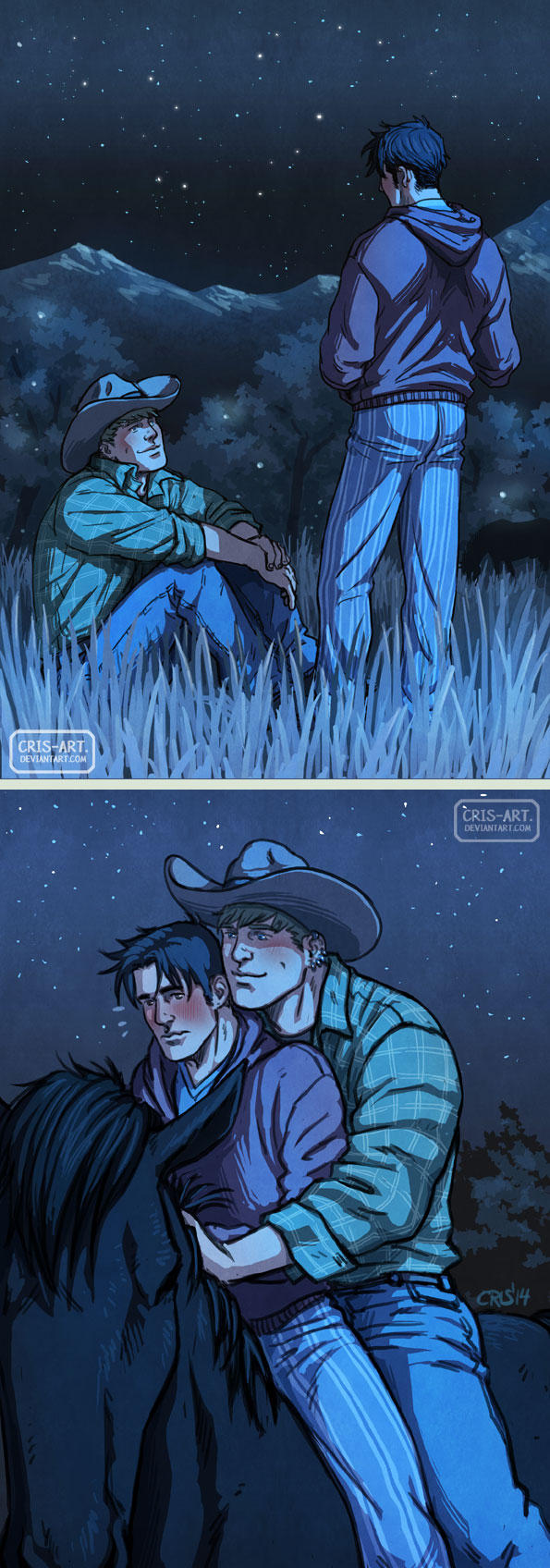 2boys alternate_costume alternate_universe bara black_hair blonde_hair collared_shirt couple cowboy_hat cowboy_western cris_art denim fanfic feet_out_of_frame flying_sweatdrops grass hat heads_together highres horseback_riding hug hug_from_behind hulkling jeans knees_up long_sideburns looking_at_another male_focus marvel multiple_boys multiple_riders pants riding shirt short_hair shy sideburns sky smile standing star_(sky) starry_sky striped_clothes striped_pants thick_eyebrows wavy_mouth wiccan yaoi