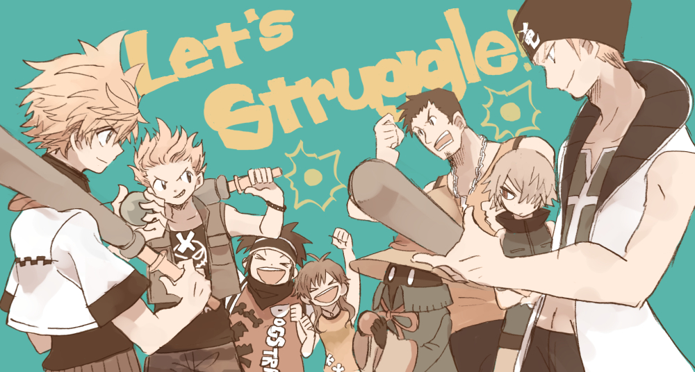 &gt;_&lt; 2girls 6+boys angry arm_up baseball_bat beanie black_hair black_hat black_neckerchief blonde_hair blue_background bracelet brown_hair chain chain_necklace cheering clenched_hands coat commentary_request crop_top cropped_jacket cropped_vest crossed_arms determined english_text eye_contact facing_to_the_side fuujin_(ff8) grin hair_slicked_back hands_up hat hayner headband holding holding_baseball_bat holding_orb jacket jewelry kingdom_hearts kingdom_hearts_ii limited_palette long_hair looking_at_another multiple_boys multiple_girls navel neckerchief necklace olette open_clothes open_mouth open_vest orange_tank_top over_shoulder pence pendant raijin_(ff8) red_eyes roxas seifer_almasy serious short_hair short_sleeves sleeveless sleeveless_coat smile spiked_hair tank_top tomatoyama upper_body very_short_hair vest vivi_ornitier wavy_hair weapon weapon_across_shoulders weapon_over_shoulder white_coat white_jacket witch_hat