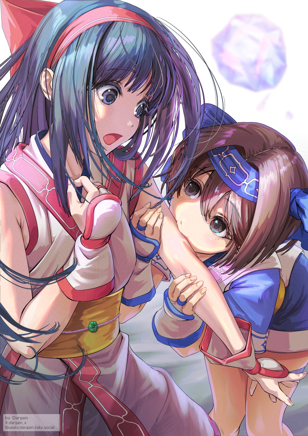 2girls ainu_clothes artist_name biting blue_eyes blue_hair breasts brown_eyes brown_hair dargain_x fingerless_gloves gloves grabbing_another&#039;s_arm hair_ribbon hand_on_own_chest highres leaning_forward legs long_hair medium_breasts multiple_girls nakoruru open_mouth pants ribbon rimururu samurai_spirits short_hair shorts siblings sisters small_breasts snk surprised thighs