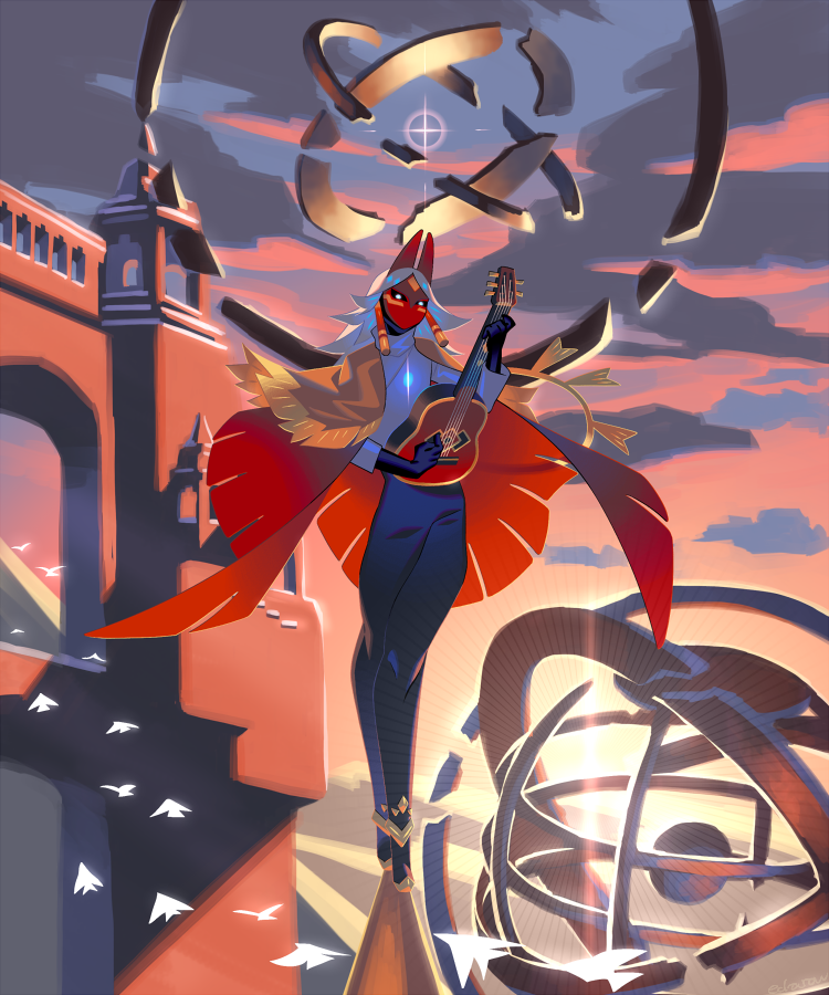 1other arch building commentary_request edarow fox_mask guitar holding holding_guitar holding_instrument instrument long_hair looking_at_viewer mask music outdoors playing_guitar playing_instrument sky:_children_of_the_light sky_child sunset white_eyes white_hair