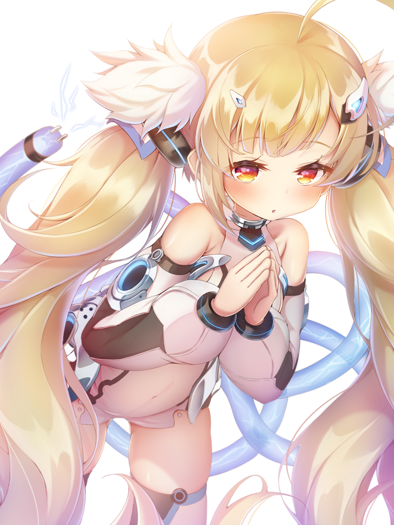 1girl ahoge armpit_crease azur_lane bare_shoulders blonde_hair blush commentary_request covered_navel detached_sleeves eldridge_(azur_lane) electricity fang gluteal_fold hair_ornament hairclip hands_up imo_bouya leaning_forward long_hair long_sleeves looking_at_viewer parted_lips partial_commentary puffy_long_sleeves puffy_sleeves red_eyes sidelocks simple_background skindentation solo steepled_fingers thighhighs twintails very_long_hair white_background white_sleeves white_thighhighs