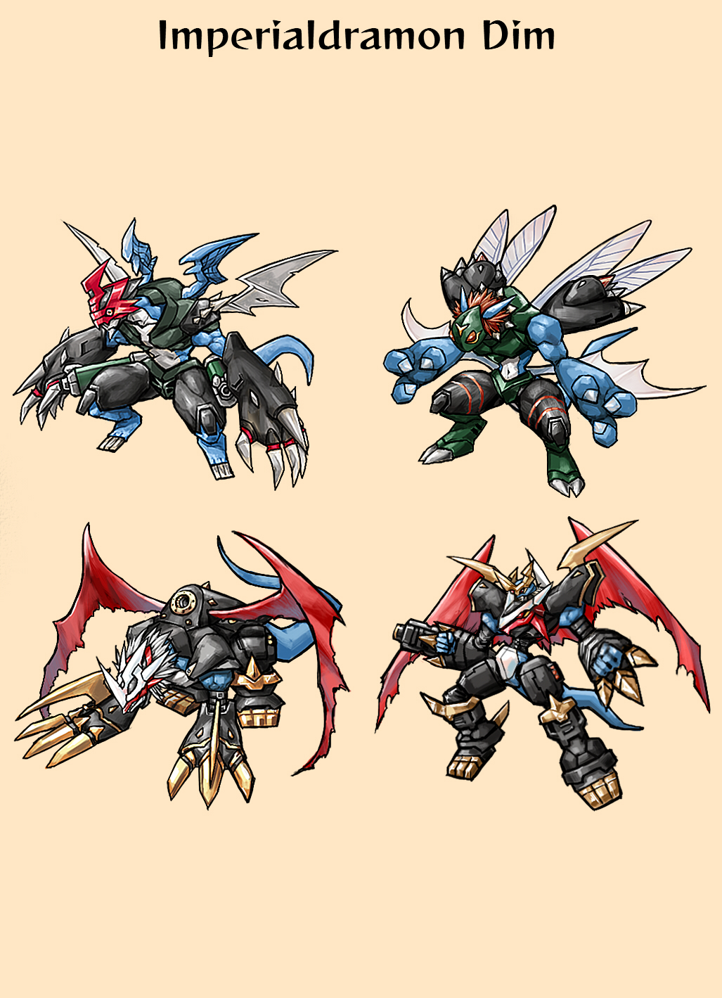 4others armor cannon claws digimon digimon_(creature) dinobeemon dragon highres imperialdramon imperialdramon_dragon_mode imperialdramon_fighter_mode multiple_others paildramon wings
