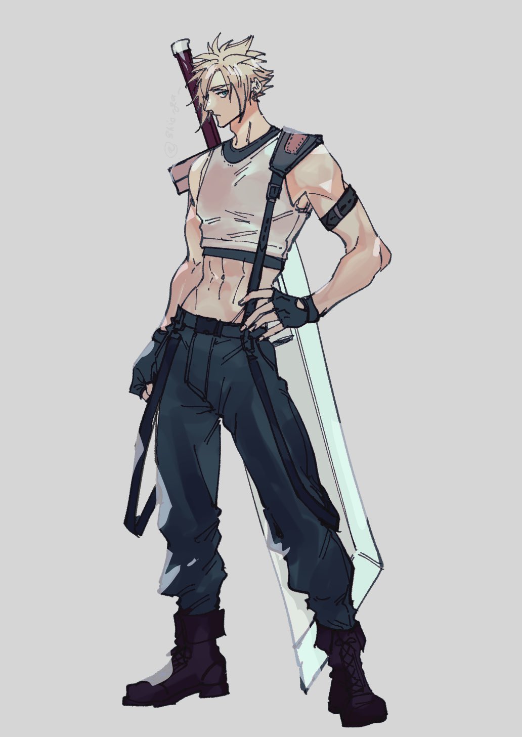 1boy abs alternate_costume arm_strap baggy_pants bare_shoulders black_boots black_hair blonde_hair blue_eyes boots buster_sword closed_mouth cloud_strife commentary cosplay crop_top final_fantasy final_fantasy_vii final_fantasy_vii_remake fingerless_gloves full_body gloves grey_background hand_on_own_hip highres huge_weapon male_focus midriff navel pants shio_ga short_hair solo spiked_hair standing suspenders sword sword_on_back symbol-only_commentary tank_top tifa_lockhart tifa_lockhart_(cosplay) toned weapon weapon_on_back white_tank_top