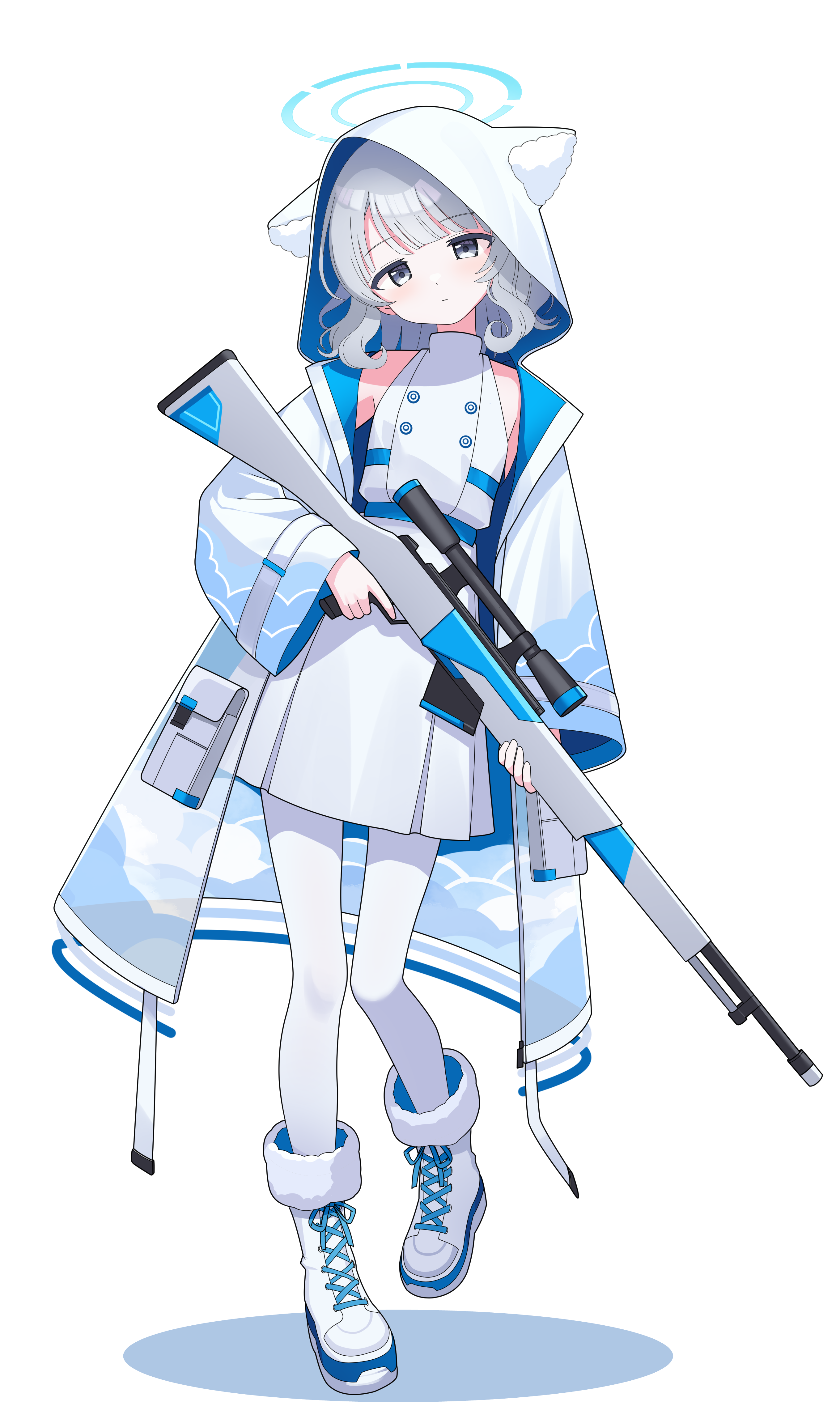 1girl absurdres adda animal_hood belt blue_belt blue_halo boots coat commentary_request dress full_body gun halo highres holding holding_gun holding_weapon hood hood_up hooded_coat long_sleeves looking_at_viewer original rifle scope simple_background sleeveless sleeveless_dress sniper_rifle solo standing weapon white_background white_boots white_coat wide_sleeves