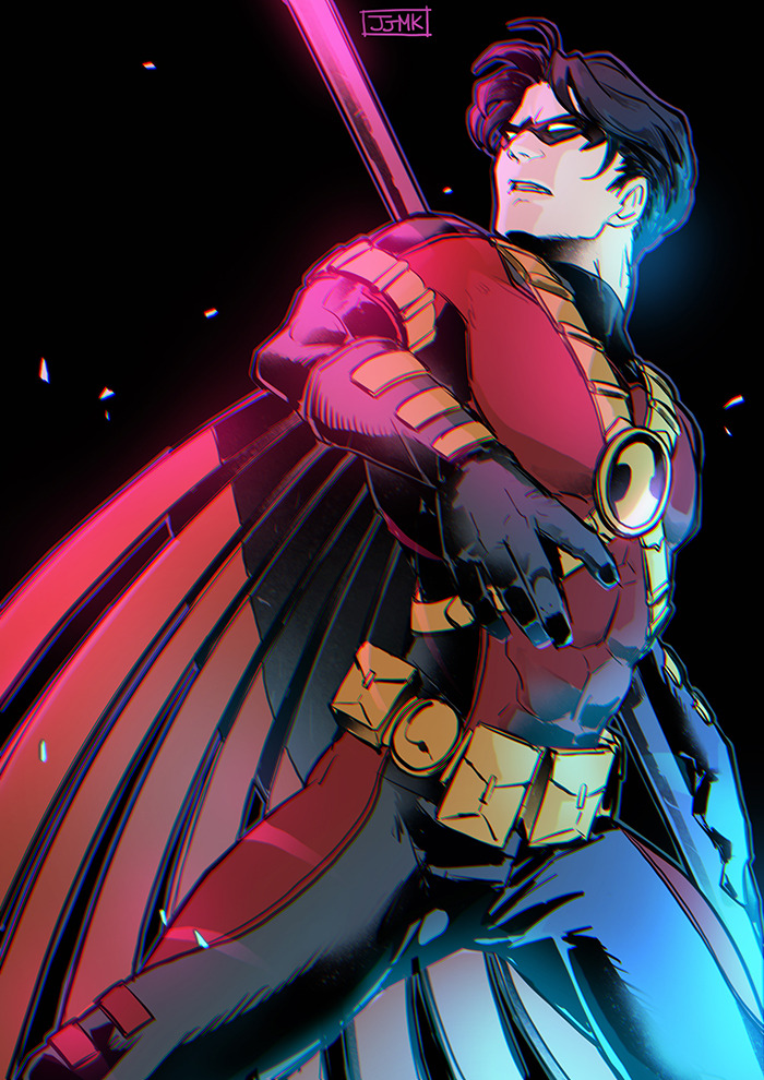 batman_(series) belt black_bodysuit black_cape black_gloves black_hair bodysuit cape dc_comics domino_mask eye_mask full_body gloves jjmk-jjmk male_focus mask muscular muscular_male red_bodysuit red_robin short_hair spandex superhero_costume tim_drake two-tone_bodysuit utility_belt