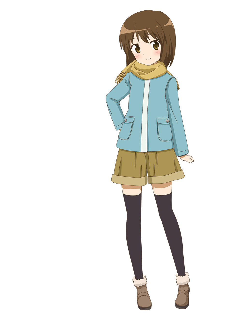 1girl arm_at_side black_thighhighs blue_coat brown_eyes brown_hair brown_shoes brown_shorts closed_mouth coat full_body hand_on_own_hip highres higurashi_kana kin-iro_mosaic long_sleeves official_art scarf shoes short_hair shorts simple_background smile solo standing tachi-e thighhighs transparent_background ueta_kazuyuki yellow_scarf