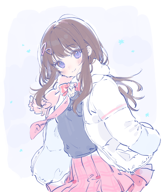 1girl a20_(atsumaru) blush brown_hair coat hair_ornament hime_cut long_sleeves looking_at_viewer original pink_scarf pink_skirt purple_eyes rabbit_pin scarf skirt sleeves_past_fingers sleeves_past_wrists smile snow snowing solo triangle_hair_ornament white_background white_coat wind