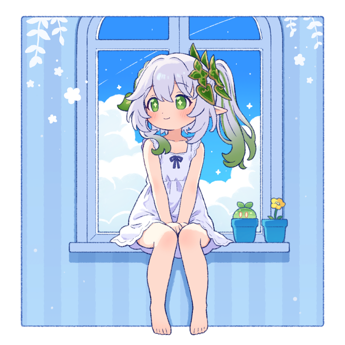1girl barefoot closed_mouth cross-shaped_pupils dress flat_chest genshin_impact gradient_hair green_eyes green_hair multicolored_hair nahida_(genshin_impact) onyhakase pointy_ears side_ponytail sitting sleeveless sleeveless_dress smile solo symbol-shaped_pupils toes white_dress