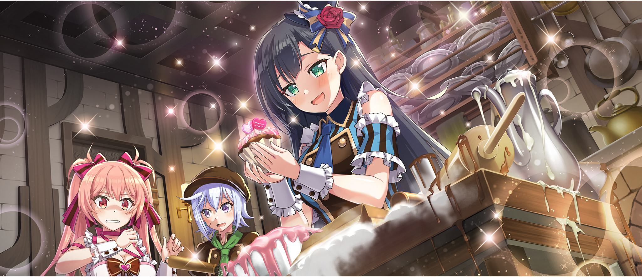 3girls :d apron black_hair blue_bow blue_dress blue_necktie blush bow breasts brown_dress brown_hat buttons cabbie_hat chris_(konosuba) cleavage collared_dress cupcake diagonal_bangs double-breasted dress erika_(konosuba) facial_scar flower food frilled_apron frilled_dress frills from_below game_cg green_eyes green_necktie grey_hair hair_between_eyes hair_bow happy hat hat_bow hat_flower highres holding holding_food indoors kitchen kono_subarashii_sekai_ni_shukufuku_wo! konosuba!_fantastic_days large_breasts lia_(konosuba) long_hair looking_at_food looking_down medium_breasts messy_room mini_hat mini_top_hat multiple_girls necktie off-shoulder_dress off_shoulder official_alternate_costume official_art open_mouth parted_bangs pink_bow pink_eyes pink_hair purple_eyes red_flower scar scar_on_cheek scar_on_face shade short_hair side_ahoge small_breasts smile sparkle striped_clothes striped_dress top_hat twintails two-tone_dress valentine vertical-striped_clothes vertical-striped_dress white_apron white_wrist_cuffs wrist_cuffs