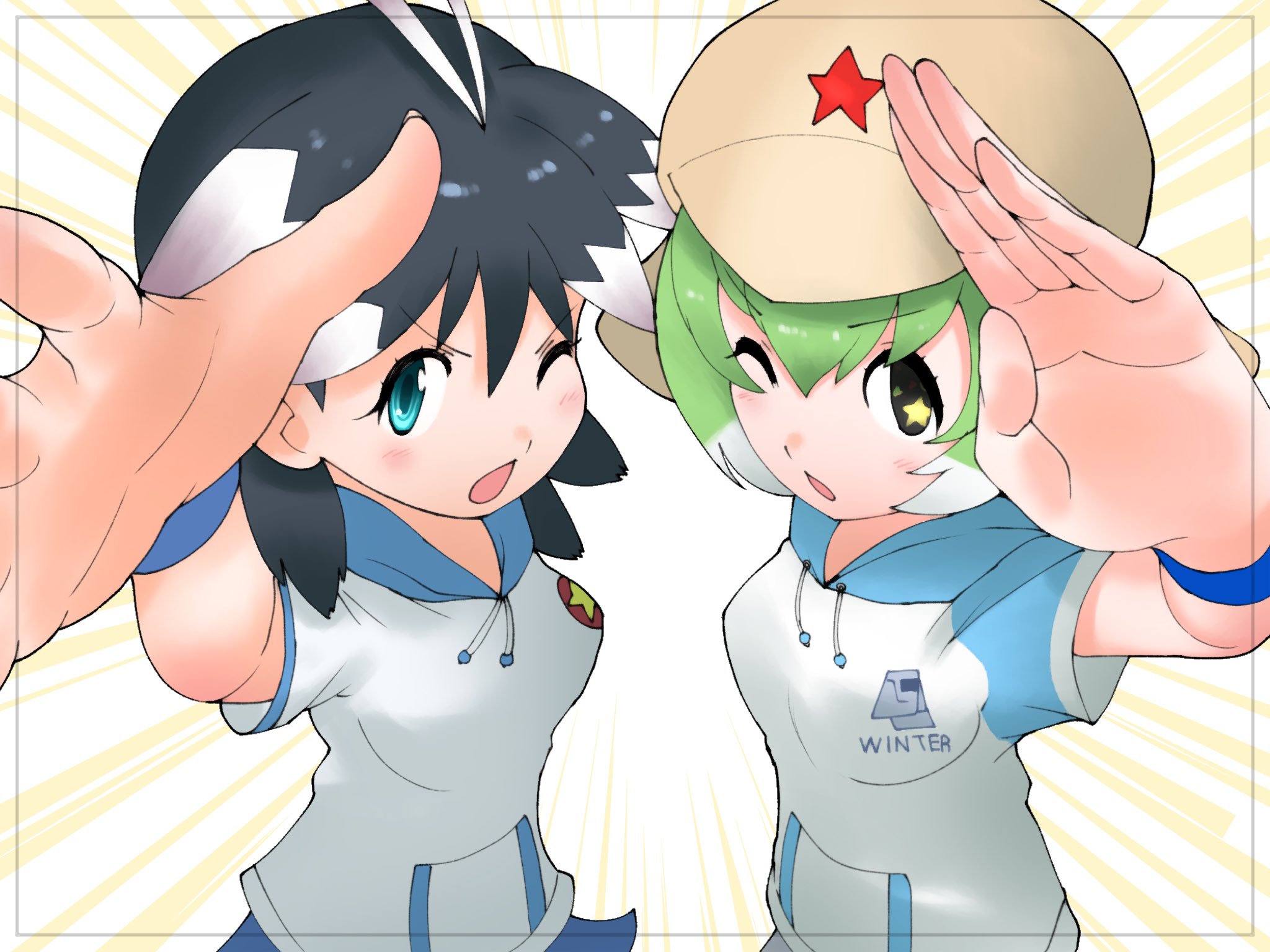 2girls arcade_gamer_fubuki black_hair blue_eyes cats_yone green_eyes green_hair hat highres hood hoodie kemono_friends kemono_friends_3 keroro_(kemono_friends) keroro_gunsou looking_at_viewer multicolored_hair multiple_girls one_eye_closed open_mouth sakuragasaki_fubuki short_hair simple_background skirt star_(symbol) two-tone_hair white_hair