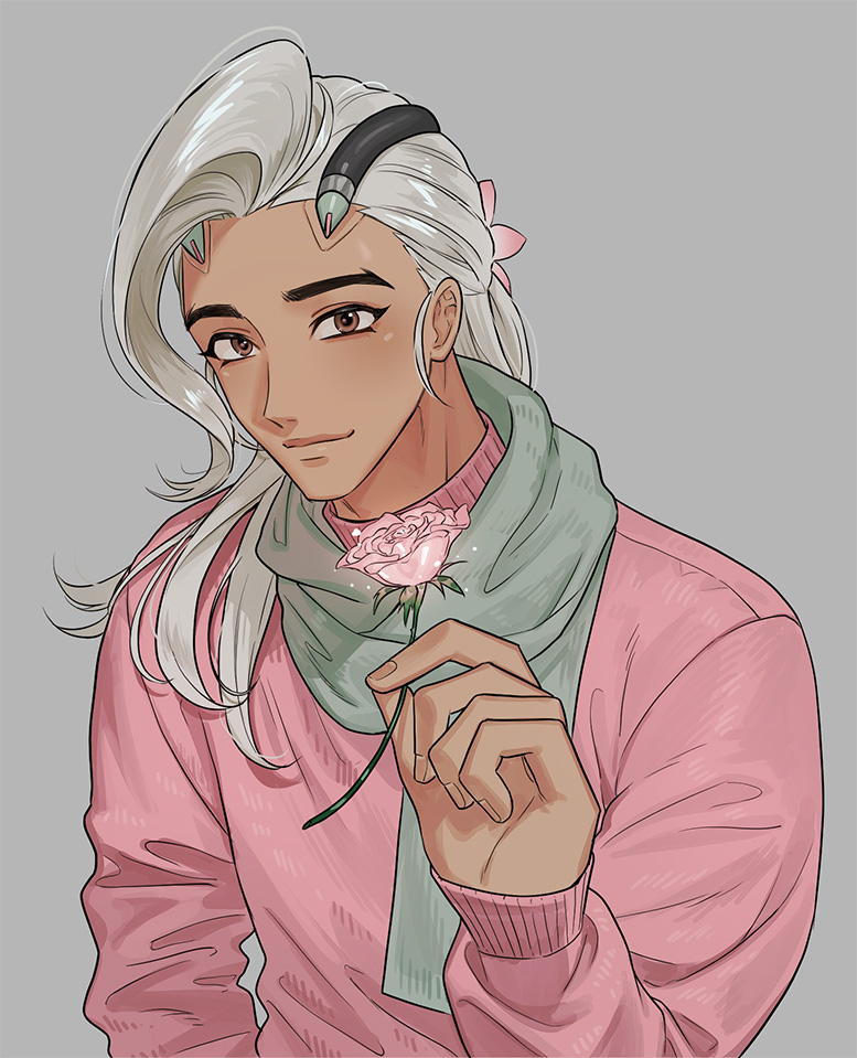1boy bumi_(wldms15) closed_mouth commentary_request eyelashes flower green_scarf grey_background hair_flower hair_ornament holding holding_flower korean_commentary lifeweaver_(overwatch) long_hair long_sleeves looking_at_viewer male_focus overwatch overwatch_2 pink_eyes pink_flower pink_shirt scar scarf shirt simple_background solo sparkle turtleneck upper_body white_hair