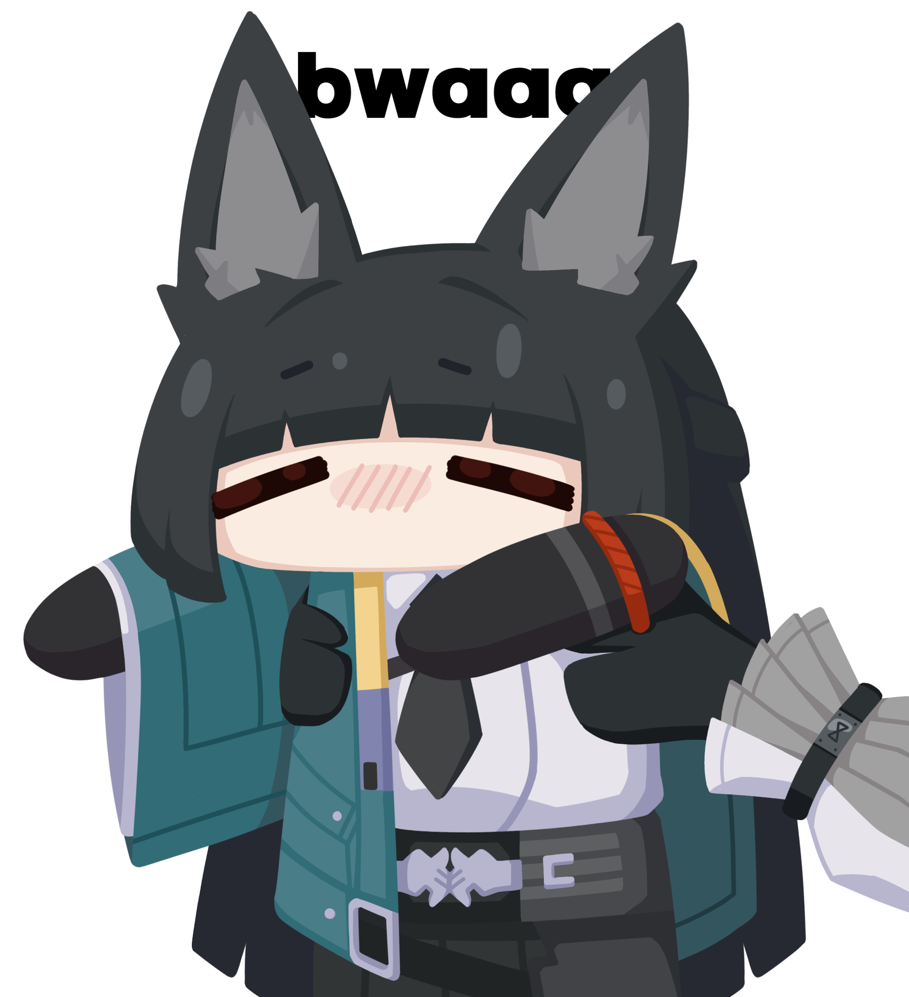 2girls =_= animal_ears armpit_carry black_hair black_necktie black_skirt blush closed_eyes commentary english_text fox_ears fox_girl green_jacket gribberoni highres hoshimi_miyabi jacket long_hair multiple_girls necktie open_clothes open_jacket shirt simple_background skirt tsukishiro_yanagi white_background white_shirt zenless_zone_zero