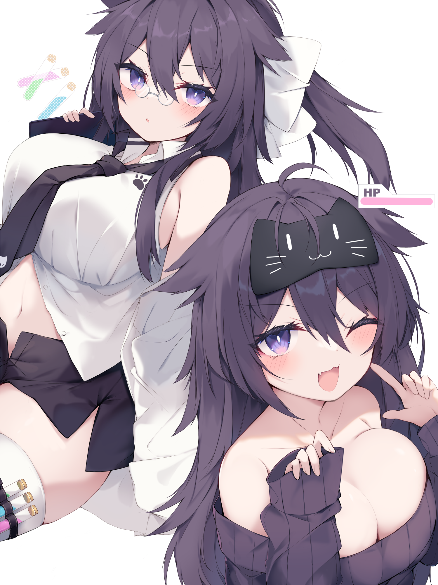 1girl ;d animal_ears bare_shoulders black_hair black_necktie black_shorts black_sweater bow breasts collared_shirt commission dress_shirt fang fox_ears glasses hair_between_eyes hair_bow health_bar highres jacket large_breasts long_hair mask mask_on_head mini_eyewear multiple_views navel necktie nibiiro_shizuka off-shoulder_sweater off_shoulder one_eye_closed open_clothes open_fly open_jacket open_mouth open_shorts original parted_lips pince-nez purple_eyes ribbed_sweater shirt shorts simple_background skeb_commission smile sweater thighhighs very_long_hair vial white_background white_bow white_jacket white_shirt white_thighhighs