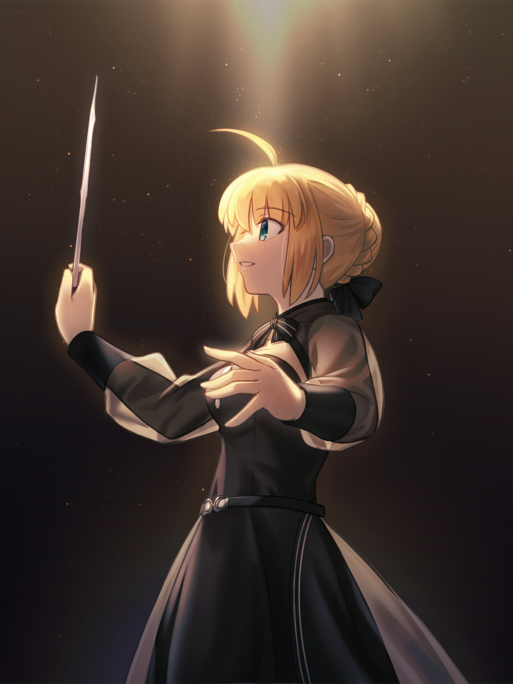 1girl artoria_pendragon_(fate) bad_tag black_background black_dress blonde_hair braid braided_bun breasts conductor_baton dress fate/stay_night fate_(series) green_eyes hair_between_eyes hair_bun hands_up highres holding_baton long_sleeves looking_the_front open_mouth ponytail saber_(fate) shoori_(migiha) short_hair simple_background smile solo takeuchi_takashi_(style) type-moon