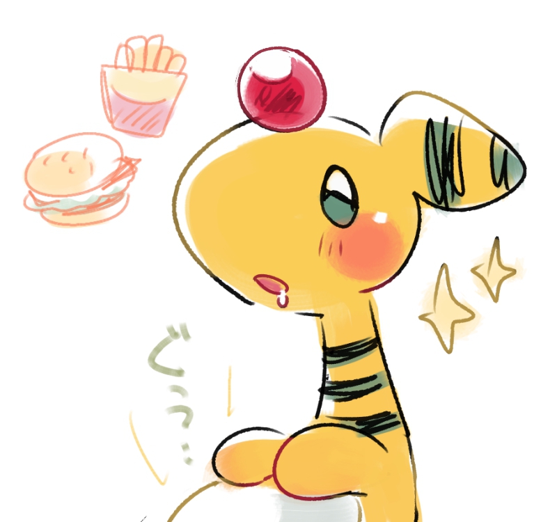 ampharos blush burger commentary_request food french_fries gen_2_pokemon nintendo no_humans open_mouth pokemon pokemon_(creature) pokemon_focus saliva simple_background solo tansho upper_body white_background