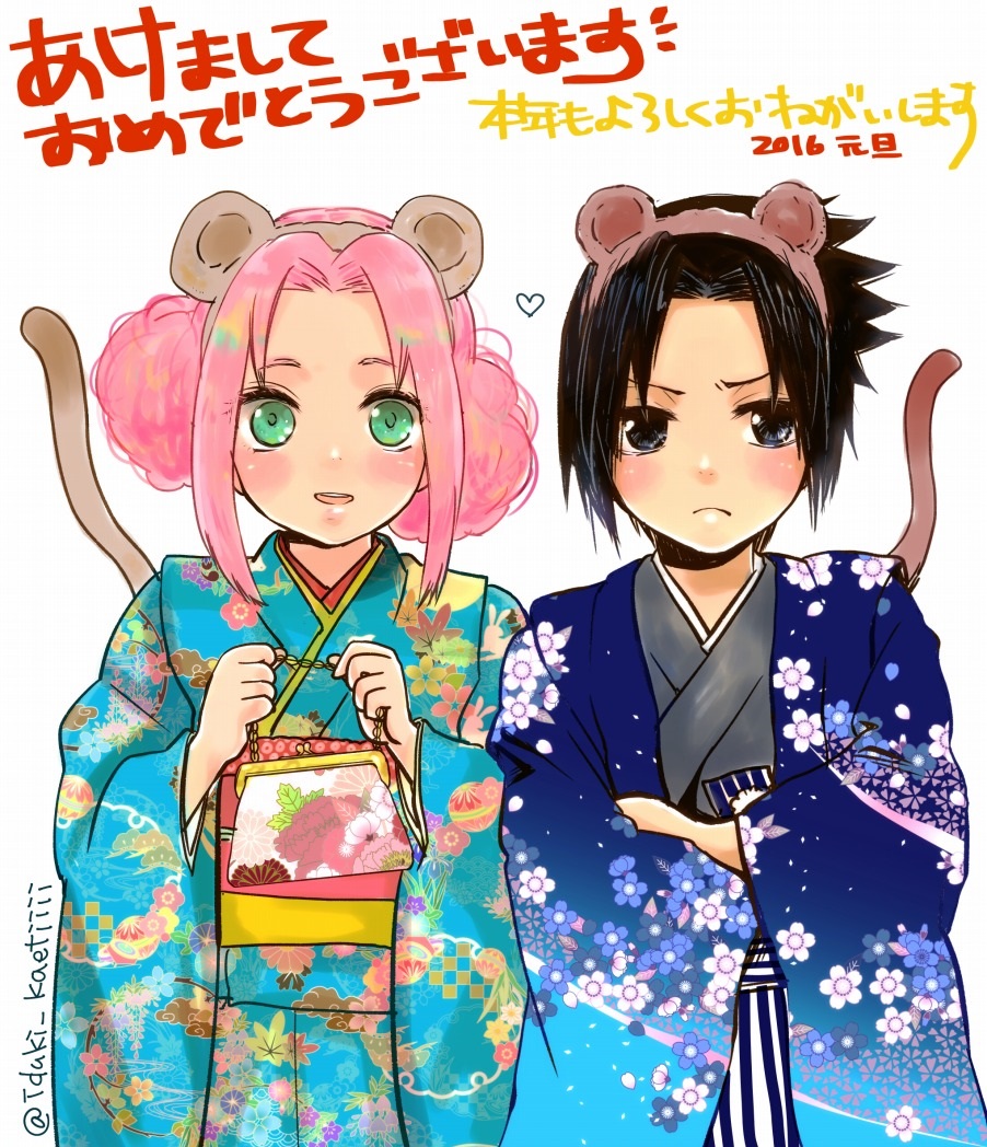 1boy 1girl 2016 animal_ears aqua_kimono black_eyes black_hair blue_kimono chinese_zodiac closed_mouth crossed_arms fake_animal_ears fake_tail floral_print floral_print_kimono green_eyes haruno_sakura japanese_clothes kimono long_sleeves looking_at_viewer margaritaiduki monkey_ears monkey_tail naruto_(classic) naruto_(series) obi open_mouth pink_hair print_kimono sash simple_background smile tail uchiha_sasuke white_background year_of_the_monkey