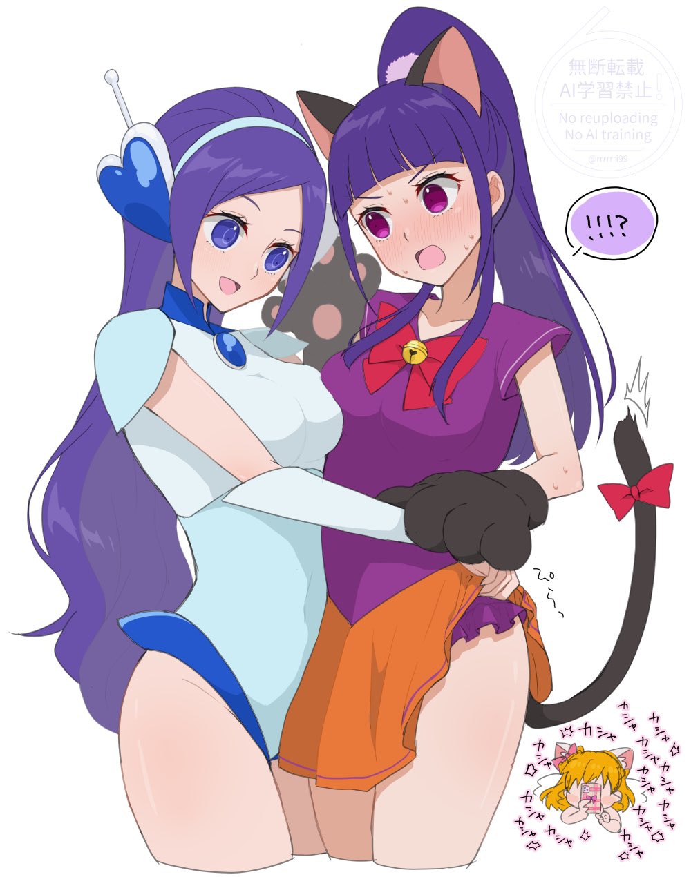 3girls animal_ears aono_miki asahina_mirai blonde_hair blue_leotard blush breasts cat_ears cat_tail fresh_precure! hagihara_riku hair_ornament hairband highres izayoi_liko leotard long_hair mahou_girls_precure! mahou_girls_precure!!_mirai_days medium_breasts multiple_girls open_mouth paw_pose precure purple_eyes purple_hair science_fiction tail