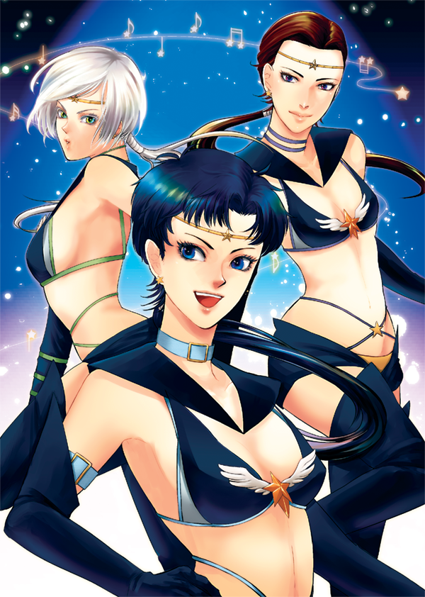 3girls :d bishoujo_senshi_sailor_moon bishoujo_senshi_sailor_moon_sailor_stars bishoujo_senshi_sailor_moon_stars black_gloves black_hair brown_hair choker circlet closed_eyes earrings elbow_gloves from_side gloves jewelry long_hair looking_at_viewer low_ponytail midriff multiple_girls musical_note open_mouth parted_bangs ponytail sailor_star_fighter sailor_star_healer sailor_star_maker sasi_(prgr_rg) seiya_kou smile star_(symbol) star_earrings stud_earrings taiki_kou teeth white_hair yaten_kou