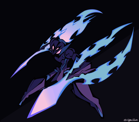 animated animated_gif arm_blade armor blade blue_fire boots ceruledge dark_background fiery_hair fire flaming_eyes ghost giganide glowing glowing_eye glowing_eyes knee_boots knight light_trail nintendo pokemon purple_fire solo standing weapon