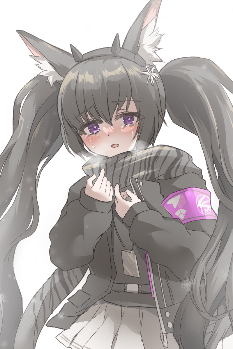 1girl animal_ear_fluff animal_ears arknights armband black_hair black_hairband black_jacket black_shirt commentary_request crying crying_with_eyes_open grey_scarf grey_skirt hairband hands_up highres jacket long_hair long_sleeves looking_at_viewer monch_(arknights) open_clothes open_mouth pink_armband pleated_skirt purple_eyes scarf shirt simple_background skirt solo tears tififox twintails white_background