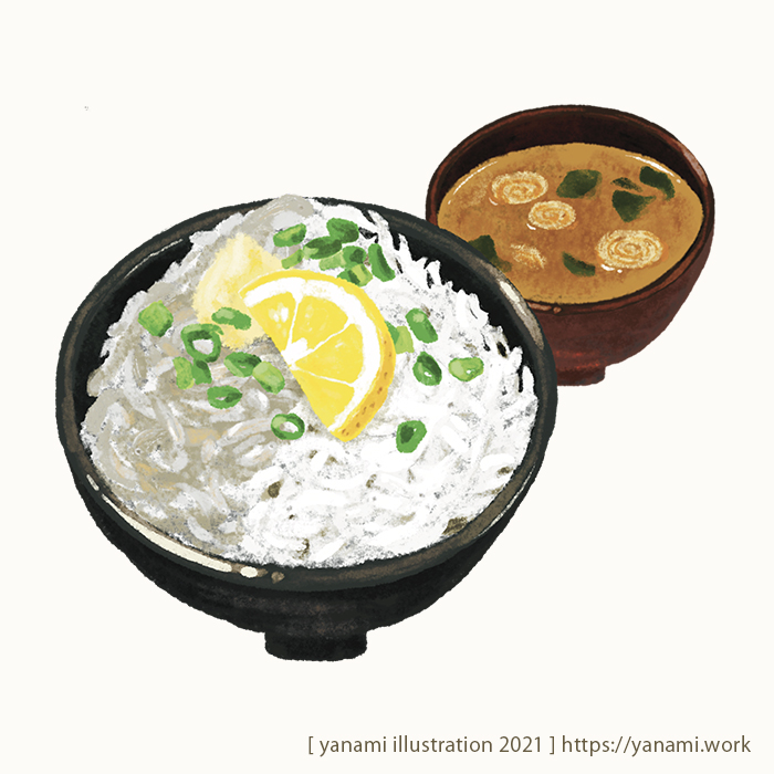 artist_name bowl chopped_spring_onion commentary_request food food_focus food_request fruit lemon lemon_slice no_humans noodles original realistic rice simple_background udon watermark web_address white_background yanami015