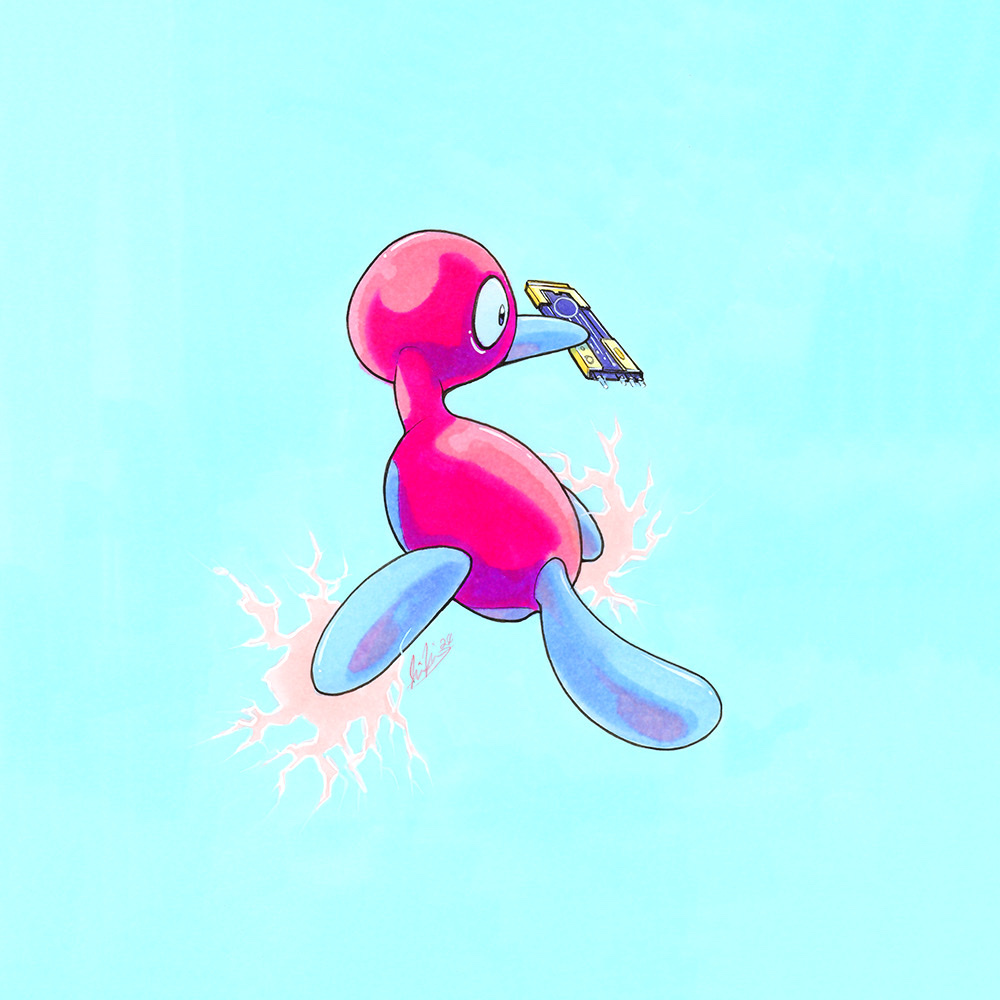 blue_background blue_skin closed_mouth colored_skin commentary computer_chip creature creature_focus english_commentary fleebites full_body gen_2_pokemon holding lightning nintendo no_humans pastel_colors pokemon pokemon_(creature) porygon2 red_skin signature simple_background traditional_media wide-eyed