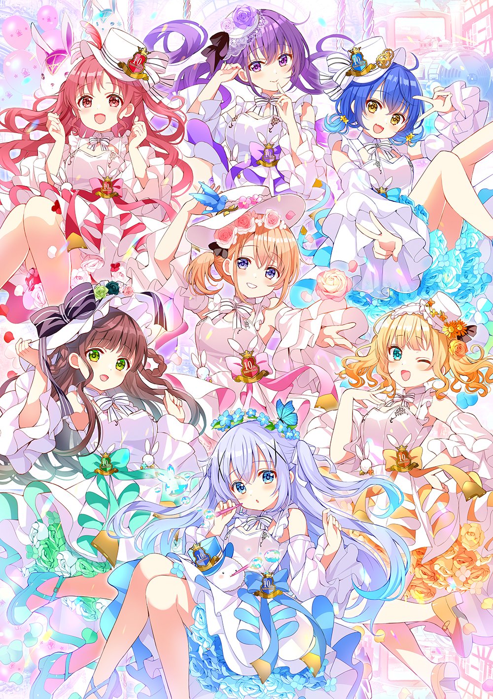 6+girls :d :o abstract_background anniversary aqua_pupils bare_legs black_bow blonde_hair blowing_bubbles blue_bow blue_flower blue_hair blue_pupils blue_rose blue_theme blunt_bangs blush bow bowtie braid breasts bright_pupils brown_hair bubble_pipe butterfly_hair_ornament closed_mouth commentary_request detached_collar detached_sleeves dot_nose double_v dress fang fascinator feet_out_of_frame finger_to_mouth floating_hair flower frilled_sleeves frills gochuumon_wa_usagi_desu_ka? gradient_hair green_bow green_dress green_flower green_pupils green_rose green_theme hair_ornament hair_rings hair_tie hand_on_own_chest hands_up hat high_heels highres horizontal-striped_bow hoto_cocoa jouga_maya kafuu_chino kirima_syaro knees_up koi_(koisan) leg_up light_blush lipstick long_hair looking_at_viewer makeup matching_outfits medium_hair mini_hat multicolored_hair multiple_girls natsu_megumi official_art one_eye_closed open_mouth orange_hair outstretched_hand pink_bow pink_dress pink_flower pink_rose pink_theme ponytail promotional_art purple_bow purple_flower purple_hair purple_pupils purple_rose purple_theme rabbit_house_logo red_hair red_pupils red_theme rose second-party_source shoes short_hair short_ponytail short_twintails side_ponytail skin_fang small_breasts smile striped_bow stuffed_animal stuffed_rabbit stuffed_toy tedeza_rize teeth tippy_(gochiusa) top_hat twintails two-tone_dress ujimatsu_chiya v very_long_hair white_bow white_dress white_flower white_hat white_rose white_sleeves white_theme x_hair_ornament yellow_bow yellow_dress yellow_pupils yellow_shoes yellow_theme