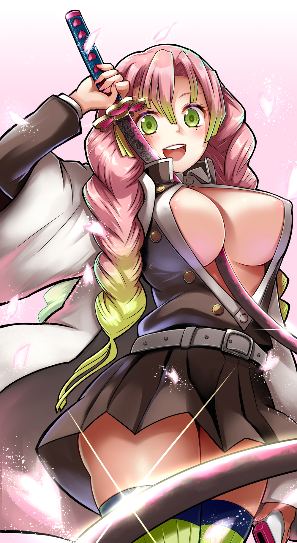 1girl :d areola_slip belt between_breasts blush braid breasts center_opening commentary_request covered_erect_nipples demon_slayer_uniform glint gradient_hair green_eyes green_hair green_thighhighs highres holding holding_sheath holding_sword holding_weapon kanroji_mitsuri kimetsu_no_yaiba large_breasts looking_at_viewer mole mole_under_eye multicolored_hair no_bra open_mouth petals pink_hair sheath skirt smile solo sparkle sword sword_between_breasts sword_writing thighhighs twin_braids two-tone_hair weapon whip_sword yuki_mizore