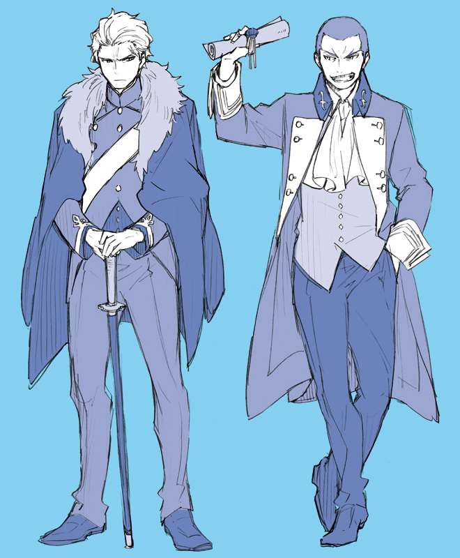 2boys alexandre_dumas_(fate) ascot blue_background closed_mouth coat fate/strange_fake fate_(series) fur_trim hand_in_pocket holding holding_scroll holding_sword holding_weapon isshoku_(shiki) long_sleeves looking_at_another multiple_boys open_clothes open_coat open_mouth orlando_reeve scar scar_on_face scar_on_forehead scroll sheath sheathed short_hair simple_background smile standing sword vest weapon