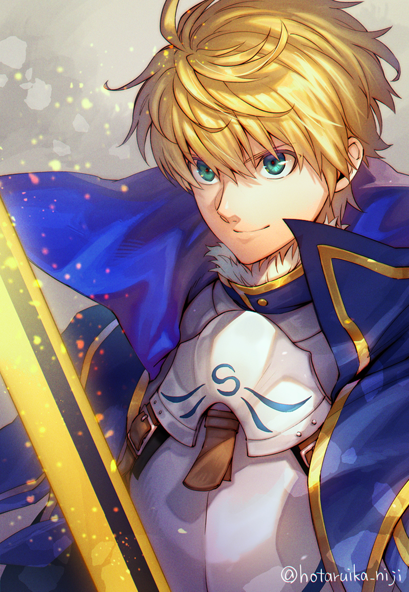 1boy armor armored_dress arthur_pendragon_(fate) blonde_hair blue_cape blue_dress breastplate cape dress excalibur_(fate/stay_night) excalibur_(fate/prototype) fate/grand_order fate/prototype fate_(series) gauntlets greaves green_eyes hair_between_eyes highres holding holding_sword holding_weapon hotaruika_niji male_focus pauldrons short_hair shoulder_armor smile solo sword twitter_username upper_body weapon