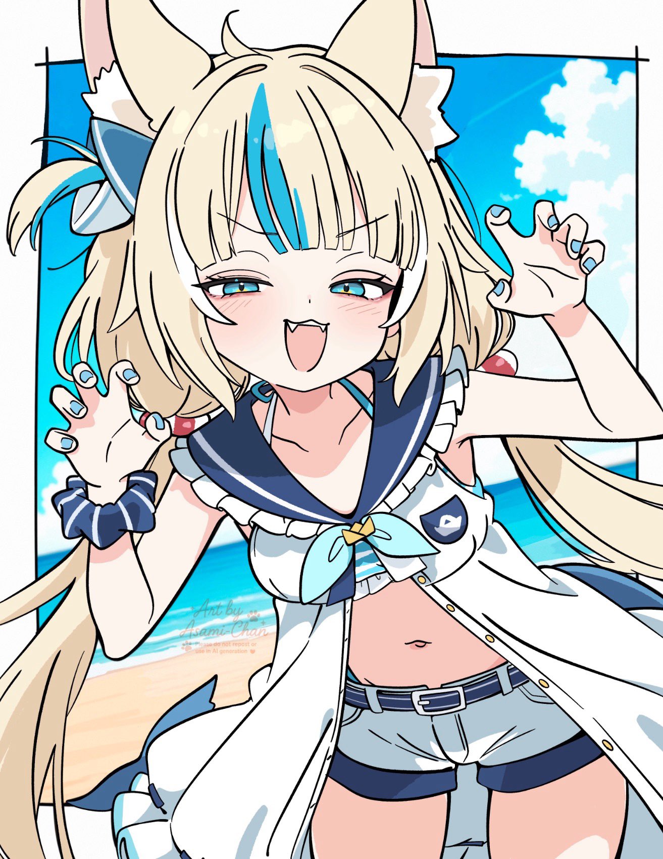 1girl animal_ears asami-chan blonde_hair blue_hair blue_nails breasts cat_ears claw_pose commentary dress english_commentary fins fish_girl fish_tail highres indie_virtual_youtuber lifebuoy_hair_ornament long_hair low_twintails multicolored_hair nail_polish navel open_mouth sameko_saba sleeveless sleeveless_dress small_breasts solo streaked_hair tail twintails very_long_hair virtual_youtuber white_dress