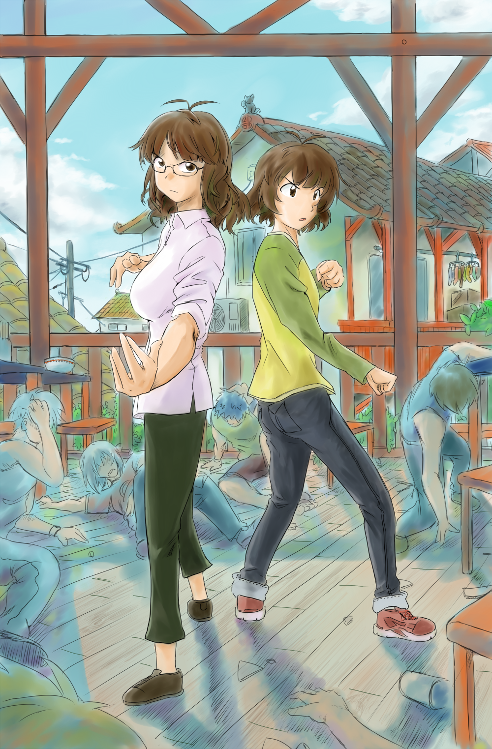 00s 1girl 5boys akizuki_ritsuko akizuki_ryo antenna_hair architecture back-to-back beaten breasts broken_glass brown_hair clenched_hands day denim dress_shirt east_asian_architecture fighting_stance glass glasses highres idolmaster idolmaster_(classic) idolmaster_dearly_stars jeans karate large_breasts laundry multiple_boys nguyen_van-hai on_ground pants shirt sky sleeves_pushed_up