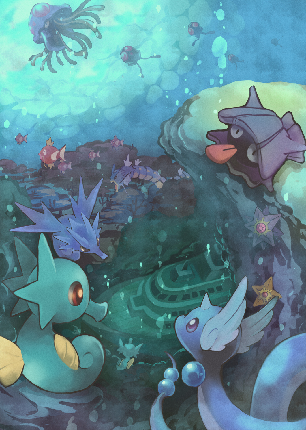 bubble dragonair gen_1_pokemon gyarados highres horsea magikarp nintendo pokemon pokemon_(creature) seadra shellder ship shipwreck starmie staryu tentacool tentacruel toneko underwater water watercraft