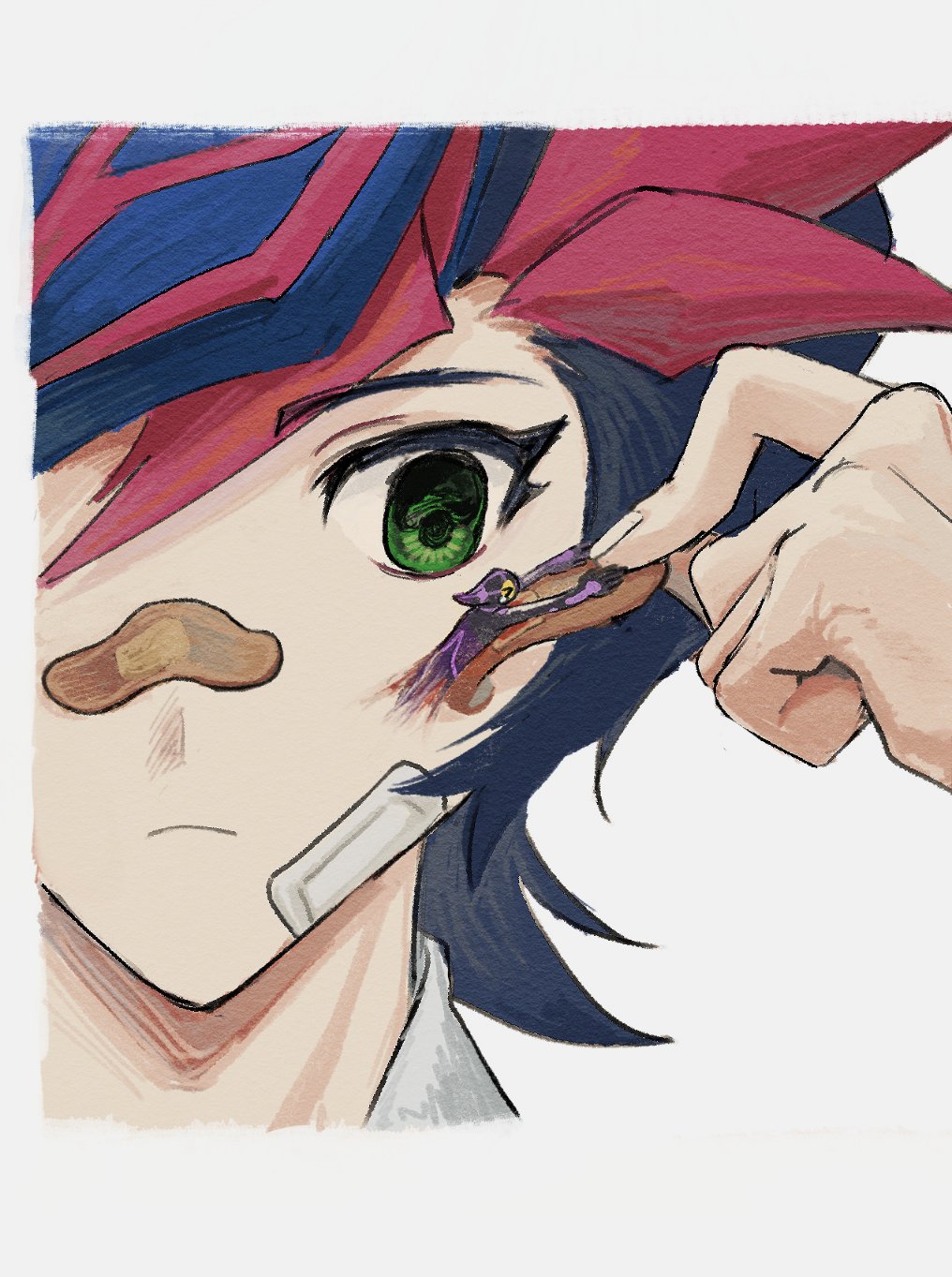 1boy 1other ai_(yu-gi-oh!) bandaid blood blood_on_face blue_hair border clenched_hand close-up colored_bangs dress_shirt facing_ahead facing_viewer fujiki_yusaku green_eyes head_out_of_frame highres humanoid_robot looking_at_another looking_at_object looking_at_viewer male_focus novale110 outstretched_arms parasite pinching pulling robot shirt spiked_hair white_background white_border white_shirt yu-gi-oh! yu-gi-oh!_vrains