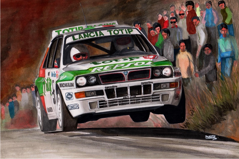 car grass helmet holding lancia_(brand) lancia_delta_hf_integrale motor_vehicle painting_(medium) people product_placement race_vehicle racecar racing rally_car recaro red_background road shadow signature simple_background steering_wheel sunglasses traditional_media vehicle_focus watercolor_(medium) white_car world_rally_championship