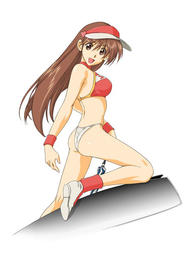 1990s_(style) 1girl bikini brown_hair female_focus future_gpx_cyber_formula happy long_hair looking_at_viewer looking_to_the_side midriff onaya_masakazu panties race_queen retro_artstyle simple_background smile solo sugou_asuka swimsuit underwear visor_cap white_background white_panties