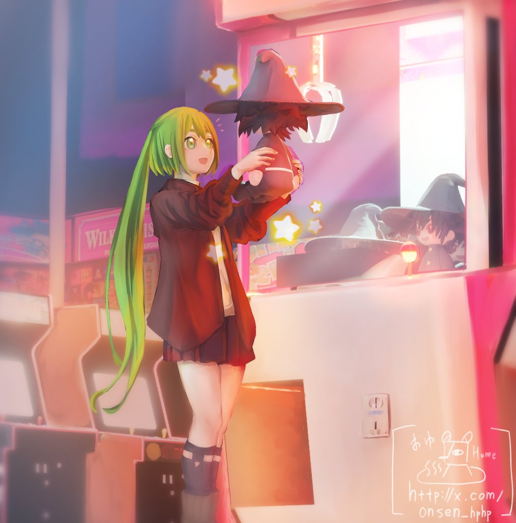 1girl arcade arcade_cabinet arcade_stick black_hair blush character_doll controller crane_game doll game_controller green_eyes green_hair hat holding holding_doll ichi_(madan_no_ichi) in_crane_game jacket joystick kumugi_(madan_no_ichi) long_hair long_sleeves madan_no_ichi onsen_hphp open_mouth school_uniform shirt short_hair skirt stuffed_toy twintails witch