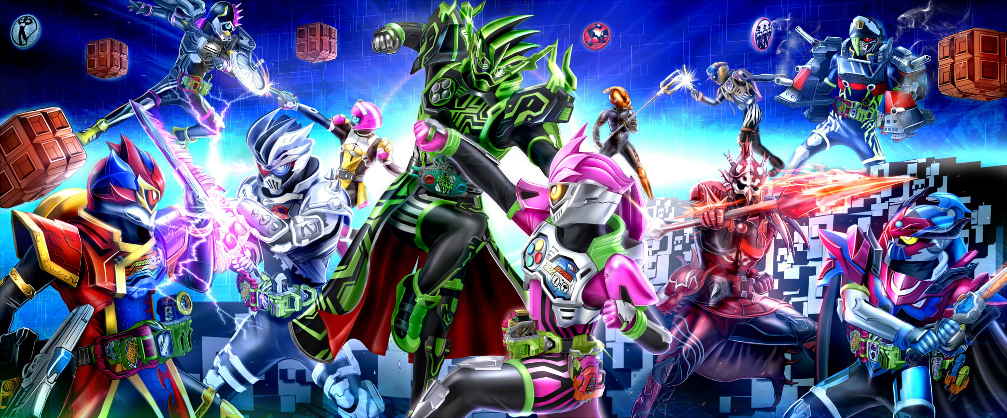 2girls 6+girls action_gamer_level_2 adk-em axe backpack bag bandai bandai_namco block_(object) blue_eyes buggle_driver_ii buttons cannon chronicle_gamer coin commentary controller dangerous_zombie_gashat doremifa_beat_gashat fantasy_gamer_level_50 flat_cap gamer_driver gashacon_breaker gashat gashat_gear_dual gashat_gear_dual_beta gauge gekitotsu_robots_gashat giri_giri_chambara_gashat graphite_bugster green_eyes hat highres ishimori_prod kamen_rider kamen_rider_brave kamen_rider_chronicle_gashat kamen_rider_cronus kamen_rider_ex-aid kamen_rider_ex-aid_(series) kamen_rider_genm kamen_rider_lazer kamen_rider_lazer_turbo kamen_rider_para-dx kamen_rider_poppy kamen_rider_snipe kimewaza_slot_holder masukudo_(hamamoto_hikaru) maximum_gamer_level_99 maximum_mighty_x_gashat mighty_action_x_gashat multiple_girls perfect_knockout_gamer_level_99 polearm proto_jet_combat_gashat proto_mighty_action_x_gashat_origin proto_shakariki_sports_gashat proto_sports_bike_gamer_level_0 red_eyes ride_player ride_player_nico rider_belt rider_gashat simulation_gamer_level_50 spear sword taddle_fantasy_gashat taddle_fantasy_level_50 taddle_quest_gashat tagme toei_company tokimeki_crisis_gamer_level_x tokimeki_crisis_gashat tokusatsu trident tv_asahi weapon wheel yellow_eyes zombie_action_gamer_level_x-0