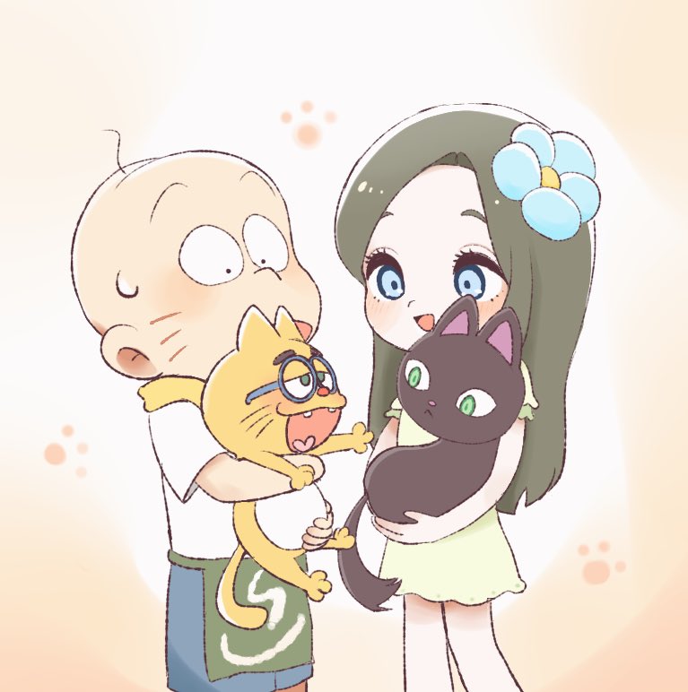 1boy 1girl animal apron blue_eyes brown_hair cat chibita curtained_hair dress esper_nyanko facial_mark flower flower_fairy_(osomatsu-kun) glasses green_apron hair_flower hair_ornament hinakura3 holding holding_animal holding_cat looking_down osomatsu-san osomatsu_(series) takahashi_nozomi_(cat) waist_apron whisker_markings yellow_dress