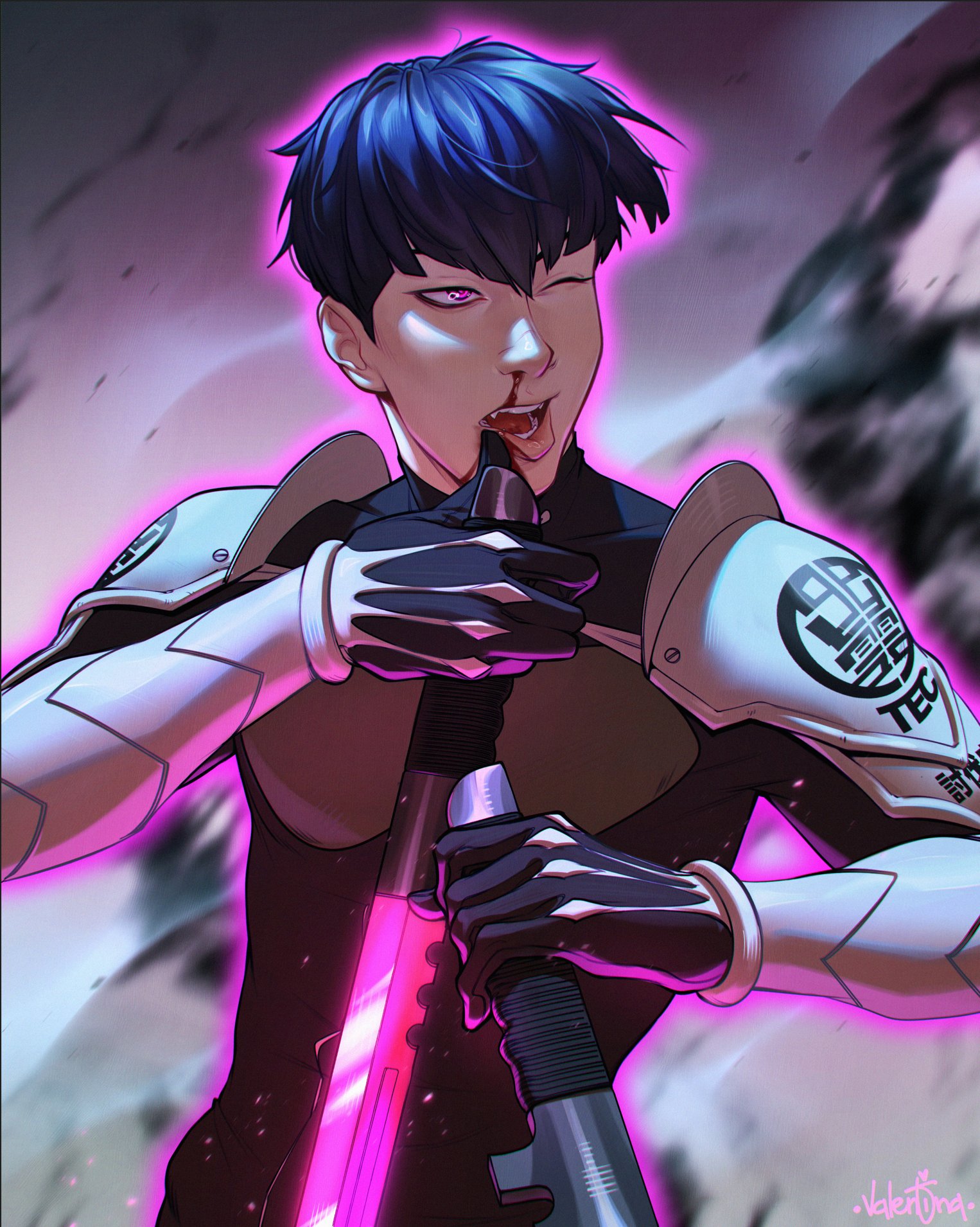 1boy armor black_gloves blood blue_hair dual_wielding gloves highres holding holding_sword holding_weapon hoshina_soshiro kaijuu_no._8 looking_to_the_side nosebleed one_eye_closed open_mouth pauldrons purple_eyes reverse_grip short_hair shoulder_armor solo sword upper_body valentina_tavolilla weapon