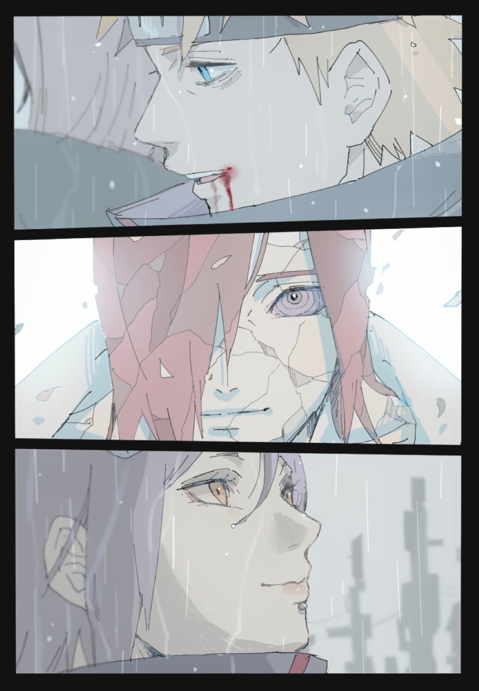 1girl 2boys akatsuki_(naruto) bleeding blood blue_eyes column_lineup edo_tensei eyeshadow face_piercing forehead_protector hair_over_one_eye highres injury konan_(naruto) labret_piercing lip_piercing looking_up makeup meitarou multiple_boys nagato_(naruto) naruto_(series) naruto_shippuuden orange_eyes orange_hair piercing purple_hair rain red_hair rinnegan short_hair smile wet yahiko_(naruto)
