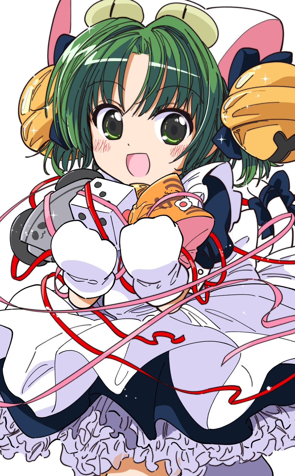 1girl anzu_yoshihiro apron bell blush cat_tail dejiko di_gi_charat dice dot_nose green_hair highres jingle_bell looking_at_viewer mittens open_mouth puffy_short_sleeves puffy_sleeves short_sleeves simple_background solo sparkle streamers tail white_apron white_background white_mittens