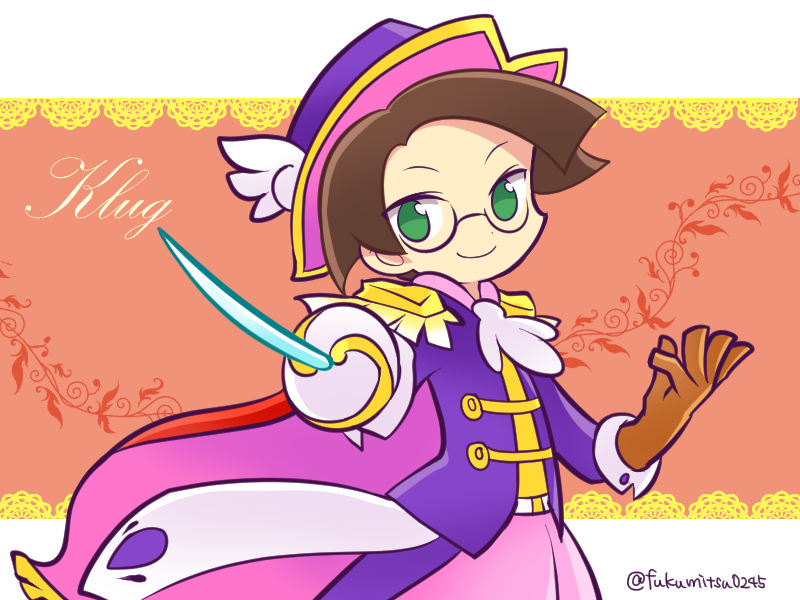1boy brown_gloves brown_hair cape character_name closed_mouth commentary_request dot_nose fukumitsu_(kirarirorustar) glasses gloves green_eyes hat jacket klug_(puyopuyo) long_sleeves looking_at_viewer male_focus official_style pants pink_pants purple_hat purple_jacket puyopuyo puyopuyo_quest rapier red_cape short_hair smile sword twitter_username weapon