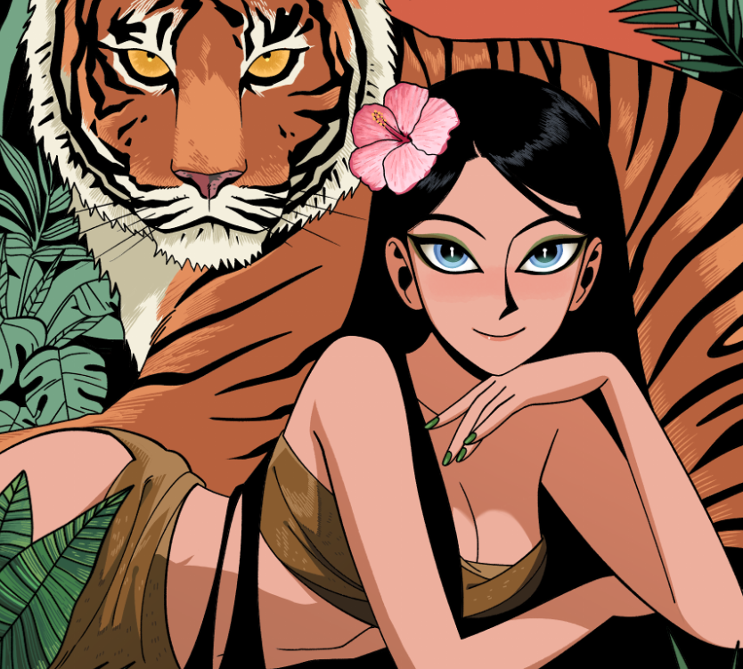 1girl animal arm_support black_hair blue_eyes flower green_nails hair_flower hair_ornament hibiscus jadoochicken leaf long_hair looking_at_viewer lying midriff monstera_deliciosa nail_polish on_side original sarong smile strapless tiger tube_top whiskers