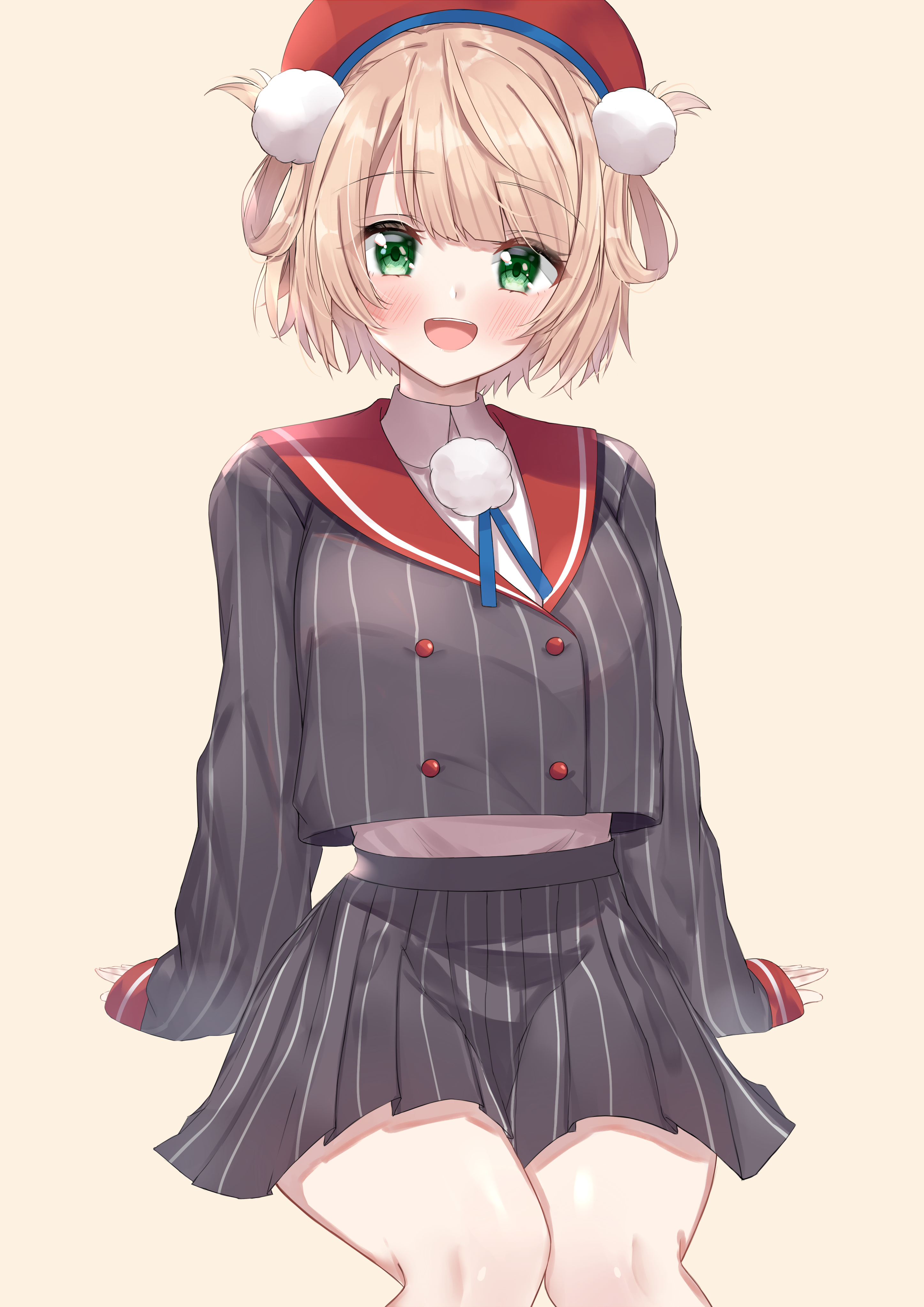 1girl absurdres arm_support beret black_jacket black_skirt blonde_hair blush brown_background commentary crop_top cropped_jacket green_eyes hair_ornament hair_rings hat highres indie_virtual_youtuber jacket long_sleeves looking_at_viewer nemun_(tamizzz) open_mouth parted_bangs pinstripe_jacket pinstripe_pattern pinstripe_skirt pom_pom_(clothes) pom_pom_hair_ornament red_hat shigure_ui_(vtuber) shigure_ui_(vtuber)_(1st_costume) shirt short_hair simple_background sitting skirt sleeves_past_wrists smile solo striped_clothes striped_jacket striped_skirt stylus thighs vertical-striped_clothes vertical-striped_jacket vertical-striped_skirt virtual_youtuber white_shirt