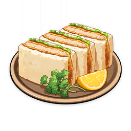 artist_request bread commentary english_commentary flower food food_focus fruit game_cg genshin_impact leaf lemon lemon_slice lettuce lowres meat no_humans official_art parsley plate raw_fish sandwich sliced_meat still_life third-party_source katsu_(food) transparent_background