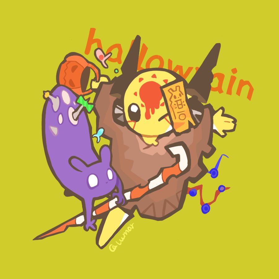 1other artist_name barefoot basket black_eyes brown_poncho candy circle_facial_mark creature english_text facial_mark food forehead_mark green_background halloween halloween_bucket halloween_costume holding holding_basket holding_polearm holding_weapon iterator_(rain_world) jiangshi_costume looking_at_viewer markings material_growth monster neuron_fly_(rain_world) no_mouth no_nose polearm rain_world robot robot_ears seven_red_suns signature slugcat spear spearmaster_(rain_world) torn_clothes twitter_username weapon white_eyes wide-eyed