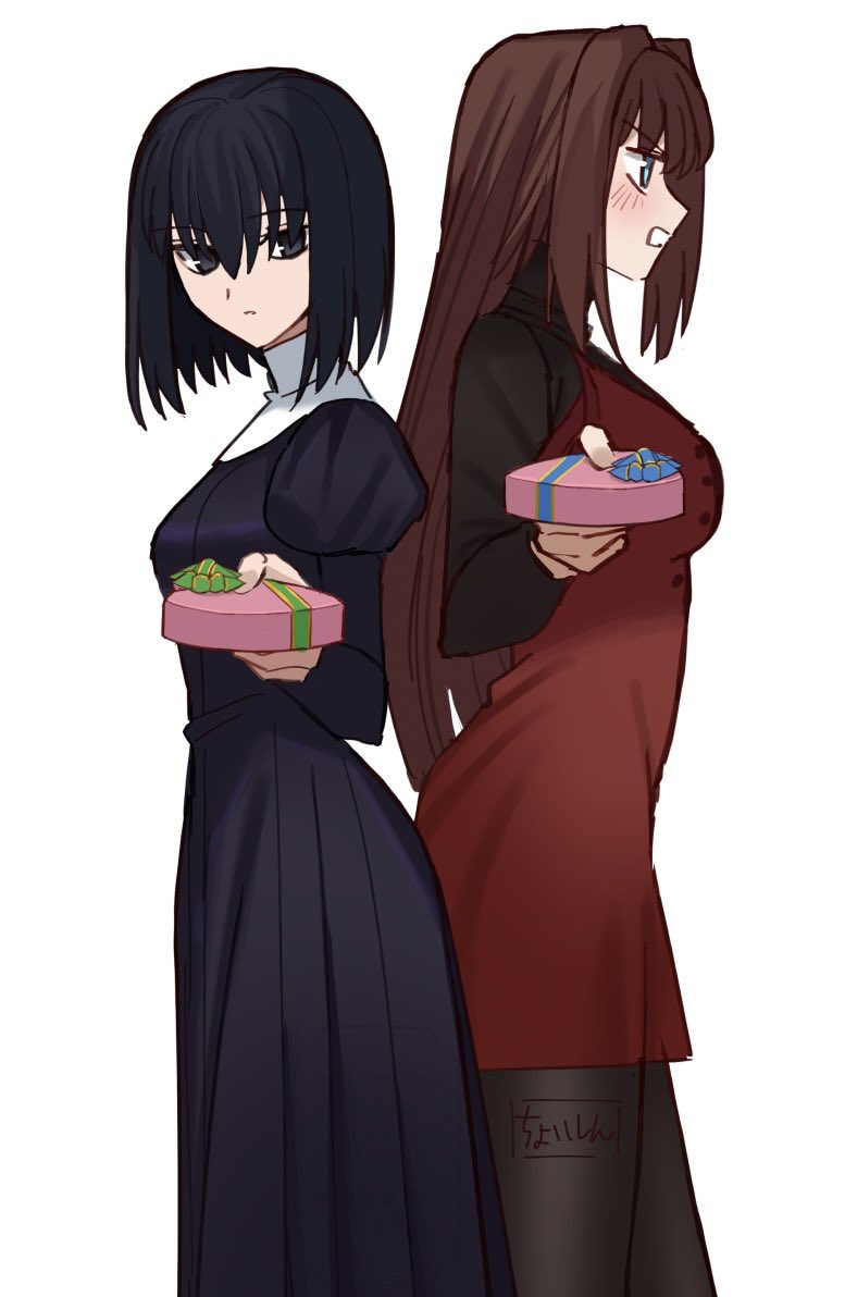 2girls aozaki_aoko black_dress black_eyes black_hair black_pantyhose black_sweater blue_eyes blush box brown_hair buttons closed_mouth dress expressionless hair_between_eyes hair_intakes heart-shaped_box juliet_sleeves kuonji_alice long_hair long_sleeves looking_at_viewer mahou_tsukai_no_yoru multiple_girls pantyhose profile puffy_sleeves red_dress shintyoi2 short_hair simple_background sweater turtleneck turtleneck_sweater valentine very_long_hair white_background