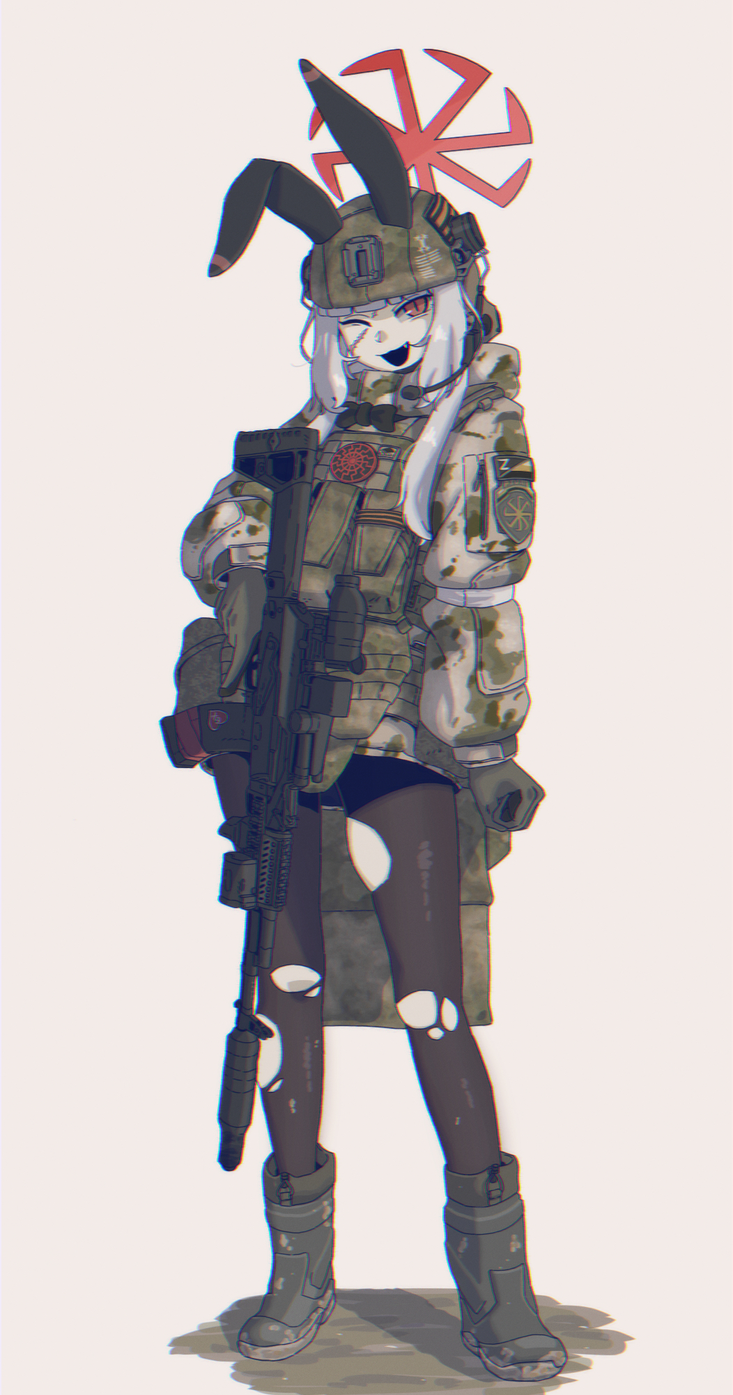 1girl :d ak-200 animal_ears assault_rifle b1-517 black_sun blue_archive blue_eyes body_armor boots combat_helmet cross_of_saint_george full_body gloves green_gloves gun halo headset helmet highres kolovrat_(symbol) load_bearing_vest military_combat_uniform military_uniform one_eye_closed open_mouth original pantyhose rabbit_ears rifle rusich_group russian_empire_flag russian_ground_forces scar scar_on_face scope simple_background smile solo standing sun suppressor torn_clothes torn_pantyhose wagner_group weapon white_hair z_(russian_symbol)