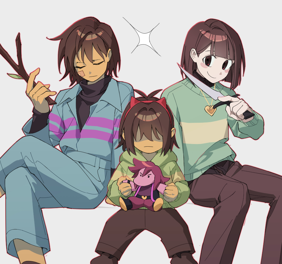 3others androgynous bandaid bandaid_on_cheek bandaid_on_face blue_pants blue_shirt blunt_bangs brown_hair brown_pants chara_(undertale) character_doll closed_eyes covered_eyes crossed_legs dagger deltarune doll facing_viewer frisk_(undertale) green_sweater hairband heart_pendant holding holding_dagger holding_doll holding_knife holding_stick holding_weapon horn_hairband knife kris_(deltarune) looking_at_viewer multiple_others other_focus pants red_hairband sanbel780308 shirt short_hair simple_background sitting smile stick susie_(deltarune) sweater undertale weapon white_background